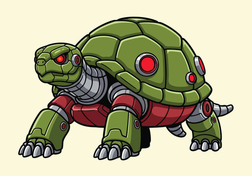 Mechanical turtle robot with glowing red eyes