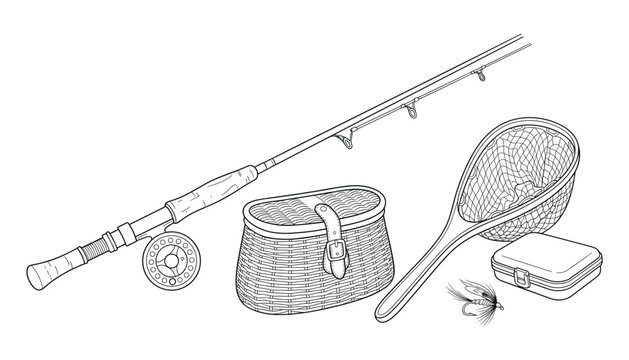 Fly fishing gear vector illustration set with rod landing net creel basket and tackle box objects.