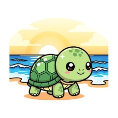 Obraz premium Cute Baby Sea Turtle on Beach at Sunset.