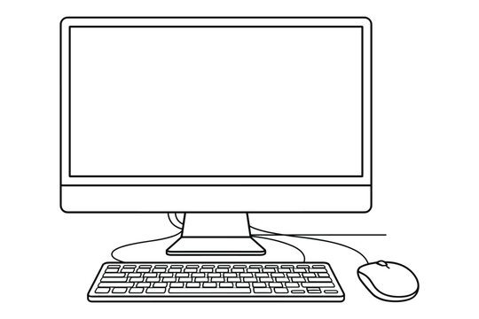 Desktop computer with monitor keyboard and mouse outline vector illustration on transparent background.