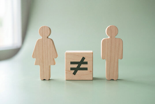 Wooden male and female figures beside a not equal sign block