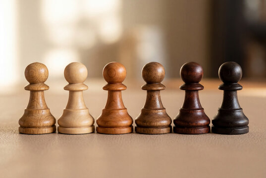 Line of wooden chess pawns showing varying wood tones