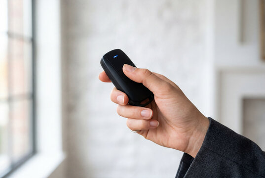 Hand holding a black remote control with a blue light
