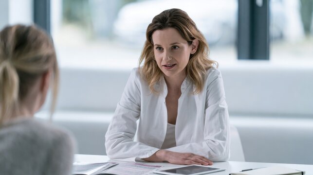 Healthcare professional consulting with patient in modern medical office. Medical advice, patient communication, healthcare support, diagnosis discussion and personalized care