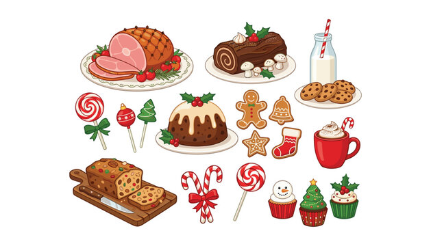 Traditional Christmas food and holiday dessert items collection set with ham yule log pudding gingerbread cookies fruitcake cartoon vector