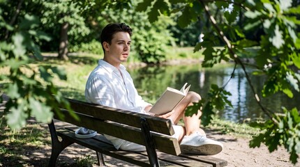 Fototapeta premium Handsome young Caucasian man reading book on park bench near river. Peaceful male student enjoying summer day, for outdoor relaxation.