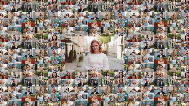 Portrait collage of happy joyful people men women diverse gender different ages ethnicity smiling friendly, glad expression looking at camera dreaming, resting, relaxation feel satisfied good news.