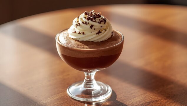 Chocolate mousse served in a glass, topped with whipped cream and chocolate flakes.