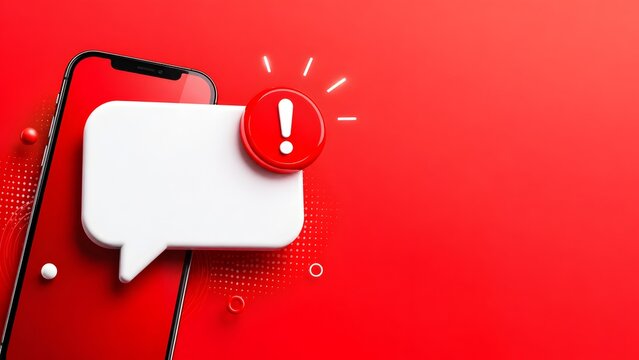 Red smartphone with blank white speech bubble and alert exclamation mark. Concept of mobile notification and social media urgent message.