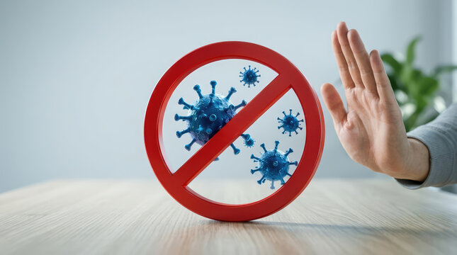 A hand with open palm signals to stop the virus. A red circle with a line through it is a no-entry sign and inside it are virus particles that are blue and spiked