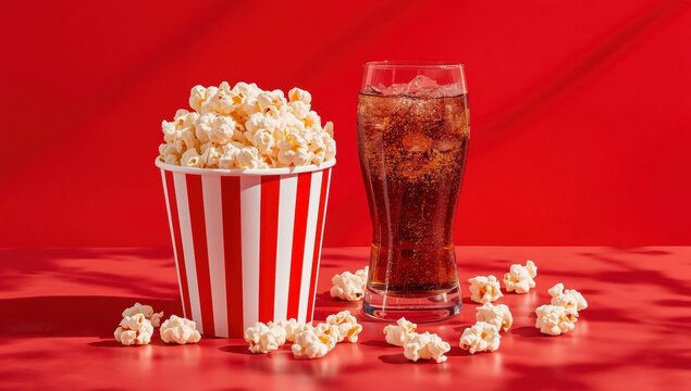 Cinema treat featuring popcorn and cola on a vivid red backdrop.