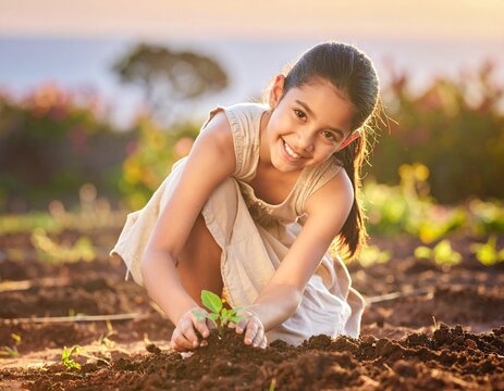 A delightful young girl is tenderly planting seedlings in her family's garden, surrounded by the warm glow of the setting sun, a moment of pure joy.
