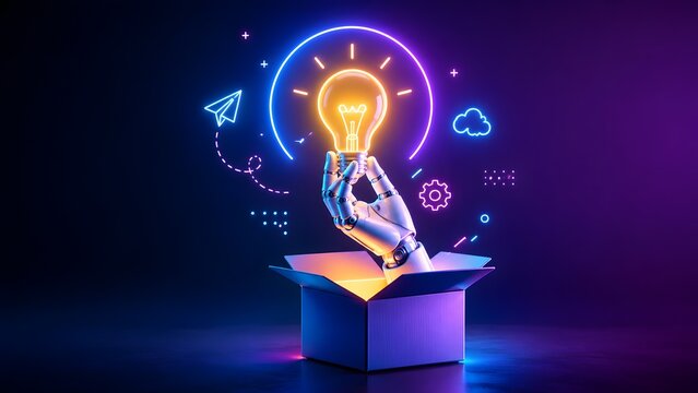 Robot hand emerging from open box holding glowing neon lightbulb. Concept of artificial intelligence innovation and automated creative solutions.