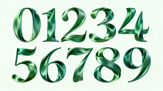 Green silk satin 3D numerals 0-9, glossy wrinkled ribbon typography, elegant luxury fabric digits isolated on light background