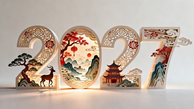 2027 Year of the Goat Chinese paper cut layered numerals, oriental landscape pavilion cloud lantern papercraft light text, Lunar New Year decorative design
