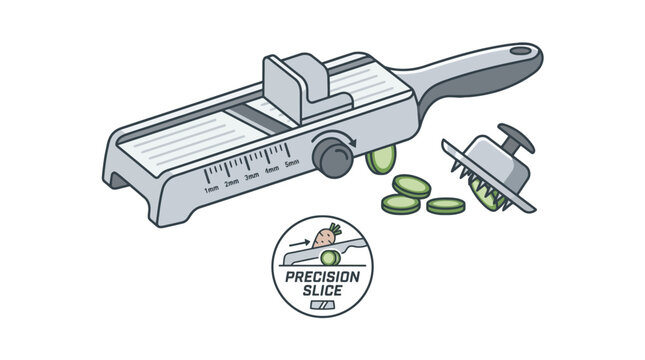 Professional vegetable mandoline slicer with safety guard.
