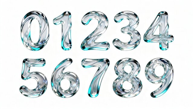 Transparent blue water ripple glass numerals 0 to 9, 3D crystal digit font, futuristic creative number design isolated on white