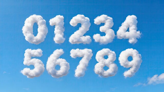 Cloud shaped numerals 0 to 9 on blue sky, creative 3D number letters, math education design background