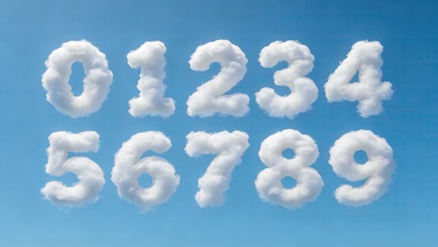 Cloud shaped numerals 0 to 9 on blue sky, creative 3D number letters, math education design background