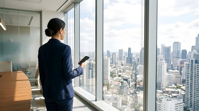 Professional woman using a smartphone in a modern high-rise office building