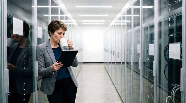 Professional woman using tablet and drinking coffee in data center server room