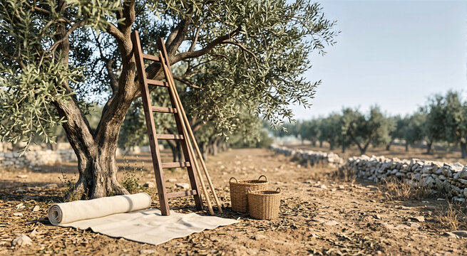 Ancient olive harvest setup with a wooden ladder leaning on a tree, woven baskets and a cream cloth on the ground. Traditional agricultural scene in a rustic Mediterranean grove with stone walls