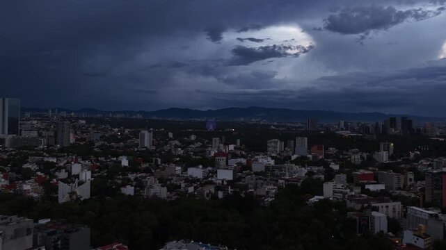 Title: Aerial Panoramic View Over Colonia Condesa Facing North Skyline at Dramatic Sunset, Mexico City