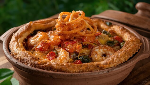 Classic Brazilian seafood and vegetable pie, known as torta capixaba, traditionally enjoyed during Holy Week in Esp&iacute;rito Santo, served in a rustic clay pan with distinctive onion rings.