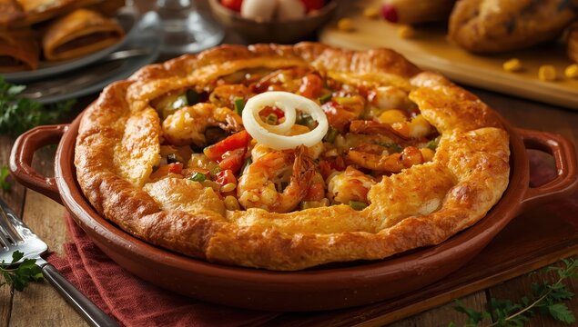 Classic Brazilian seafood and vegetable pie, known as torta capixaba, traditionally enjoyed during Holy Week in Esp&iacute;rito Santo, served in a rustic clay pan with onion rings.
