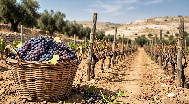 Woven wicker harvest basket overflowing with fresh purple grapes on dry soil in a vineyard. Traditional grape harvest with wooden posts and dusty hills in a rural biblical farming landscape