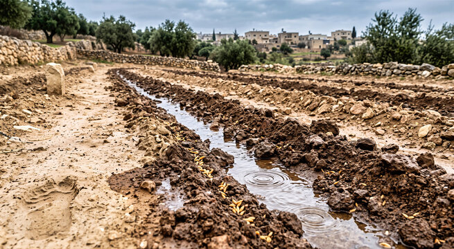 Autumn rain rippling in freshly seeded furrows on terraced fields with a Judean village in the background. Traditional biblical farming scene with muddy soil, footprints and olive trees