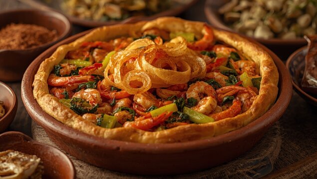 Classic Brazilian seafood and vegetable pie, known as torta capixaba, traditionally served during Holy Week in Esp&iacute;rito Santo, presented in a clay pan with distinctive onion rings.