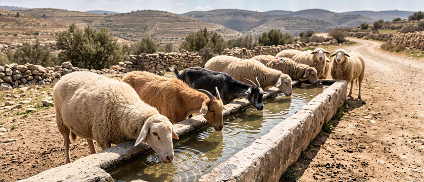Herd of sheep and goats drinking from a long carved stone water trough. Ancient biblical farming scene along a rural dirt road on a dry hillside with stone walls and distant hills