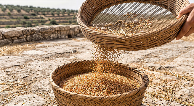 Close-up of hands shaking a woven sieve with golden wheat kernels falling into a basket on a stone threshing floor. Traditional grain winnowing process in a rural biblical farming landscape