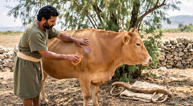 Ancient Galilean farmer in a green tunic pouring water from a clay cup onto the shoulder of a tawny ox. Biblical agriculture scene with a wooden yoke on the ground in a rustic terraced field