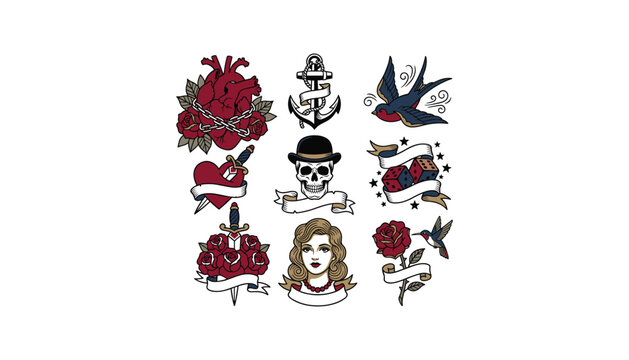 Old school traditional tattoo flash elements collection set with heart dagger skull swallow anchor and roses retro vector illustration