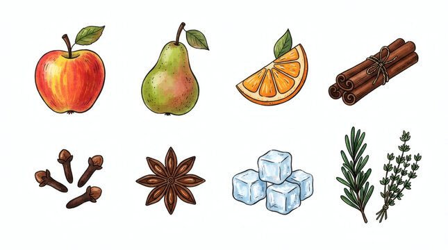 Set of colorful hand drawn autumn cocktail ingredient elements, isolated objects only. Hand drawn apple, pear, orange, cinnamon, cloves, star anise, ice, and herb garnish pieces, each as separate 