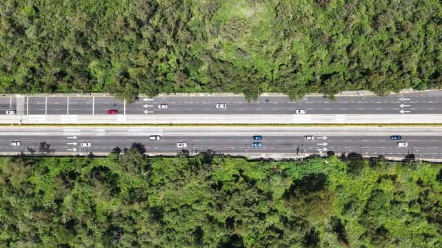 Top-down aerial view of drone hovering over Avenida de los Insurgentes with vehicular traffic, Ciudad Universitaria, Mexico City