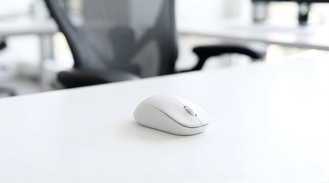 Wireless computer mouse resting on a white desk in a modern office