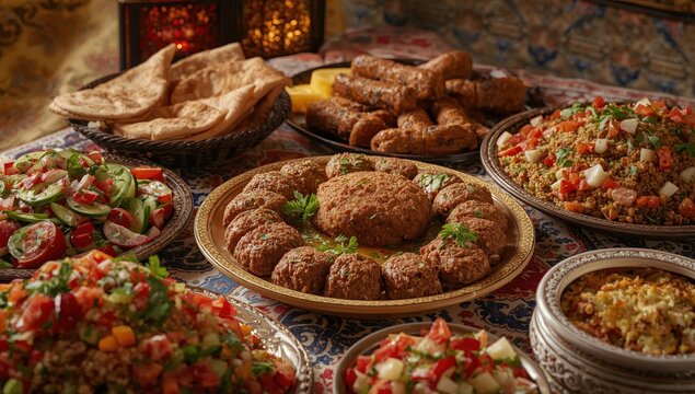 Classic Lebanese raw kibbeh, meat, fattoush, and tabbouleh.