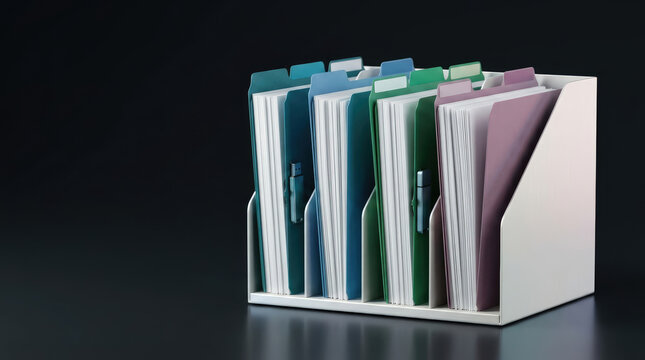 A set of colorful files organized neatly in a document holder, ready for filing and retrieval. The arrangement suggests order and efficiency, perfect for any office or workspace.
