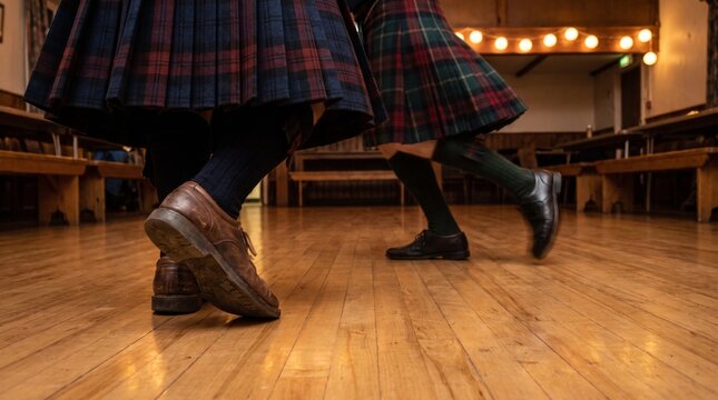 Tartan dancers cross the floor in a fast Scottish ceilidh