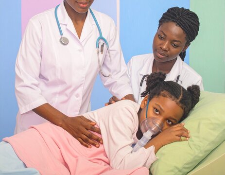 A caring pediatrician provides respiratory treatment to a young girl with asthma, ensuring her comfort and well-being with specialized medical attention