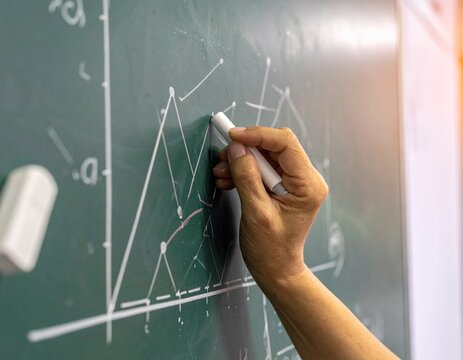 Analyzing cost and benefit with a hand drawing a graph on a chalkboard, illustrating a successful business strategy and achieving targets effectively.