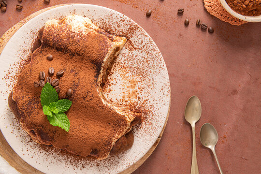 Top view of traditional homemade tiramisu cake