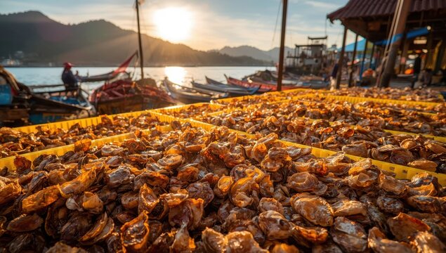 Classic sun-dried oysters in Lau Fau Shan, Hong Kong.