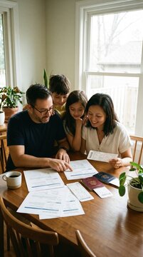 Family of four looks at passports and boarding passes on a wooden table. They are excitedly planning their next travel experience together. Perfect for travel agencies or family vacation blogs.