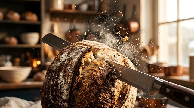 Slicing fresh rustic sourdough bread loaf with knife in warm kitchen setting.