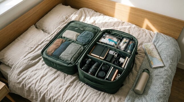 Open green backpack filled with camera gear and packing cubes on a bed. Represents thoughtful preparation for an experiential journey. Ideal for travel blogs and gear reviews.