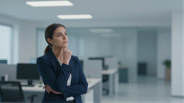 Professional woman in office, thoughtful pose, modern workspace background.